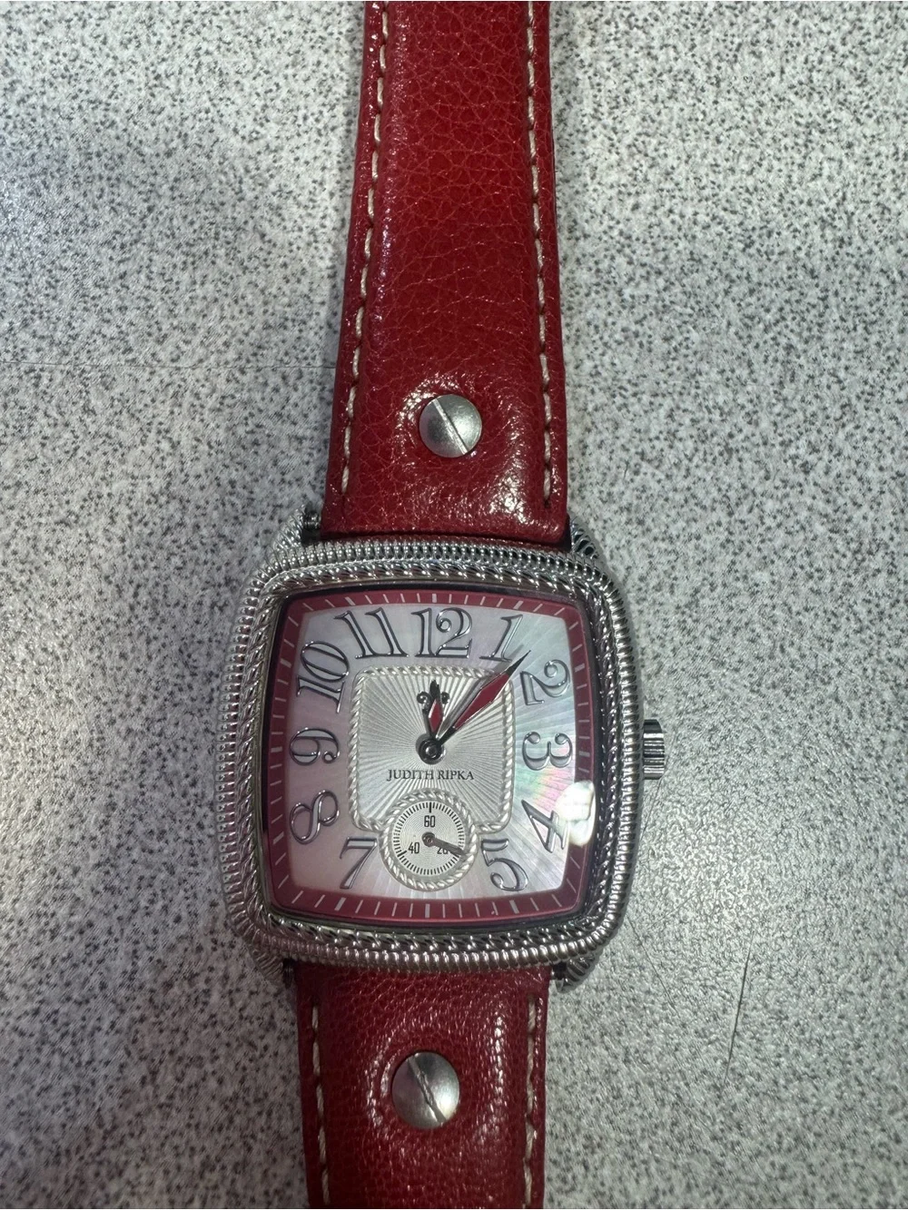 New Judith Ripka Stainless Steel Square Dial Watch with Red Leather Band